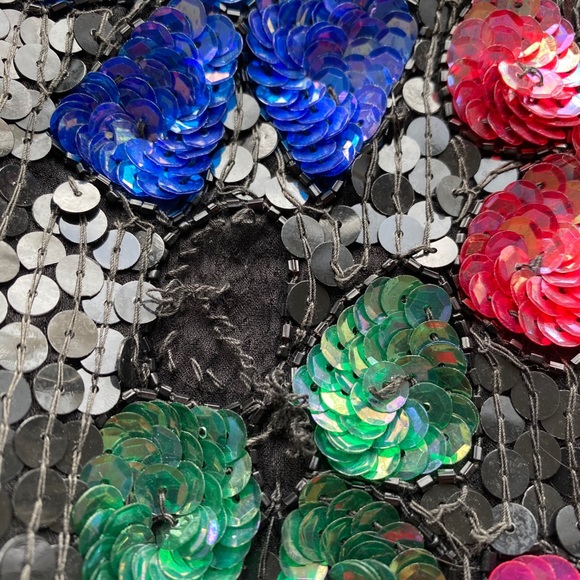 Vintage 100% silk sequined top Sz M 70s 80s 90s Black Floral - Picture 15 of 16